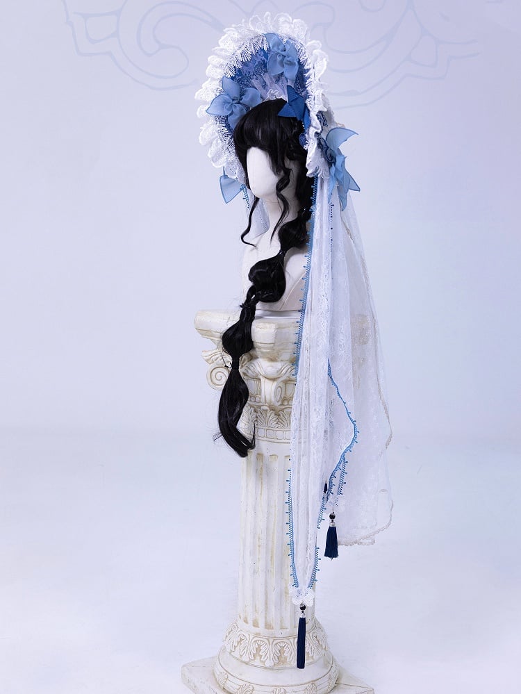 White and Blue Bonnet with Detachable Veil by Bramble Rose