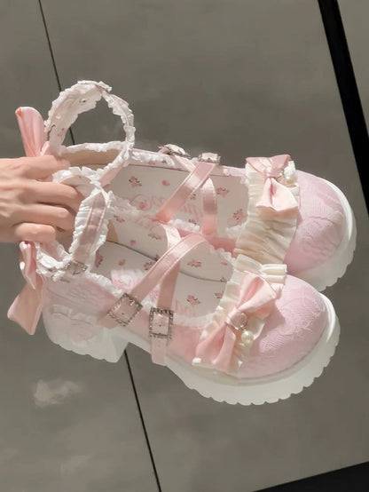 Sophisticated Sakura Pink Lolita Shoes - Sparkling Buckle Design with Back Detachable Bow & Ruffles Trim