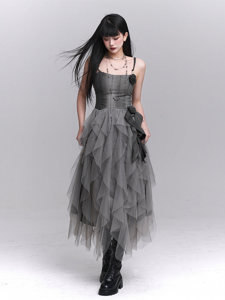 Gothic Rose Gray Accents Slip Tulle Dress Ruffles with Cascading