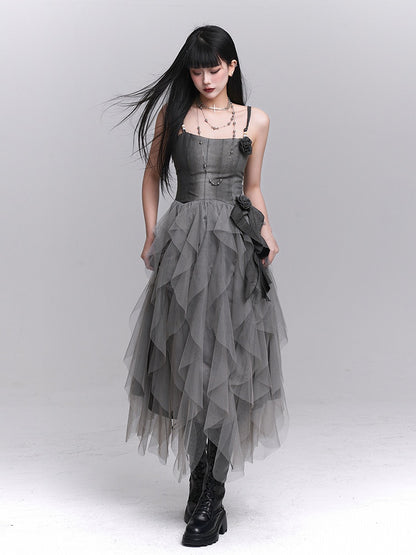 Gothic Rose Gray Accents Slip Tulle Dress Ruffles with Cascading