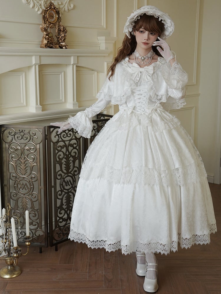 Weißes Cape-Design Shiro-Kleid Rosettenstoff Hanayome Lolita Einteiler