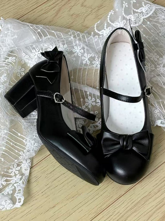PU Mid Snap Black Sweet Decor Lolita Bow Heels Heart with