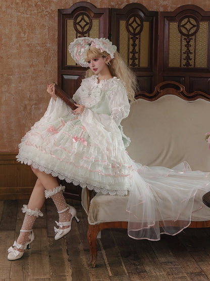 Detachable Sweet Bows Green Skirt Mint JSK Hime Layered Dress Hanayome with Lolita