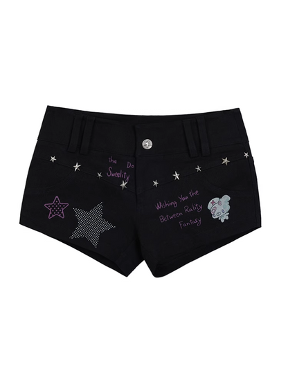 Schwarze Shorts mit niedrigem Bund und Graffiti-Print mit Sternnieten
