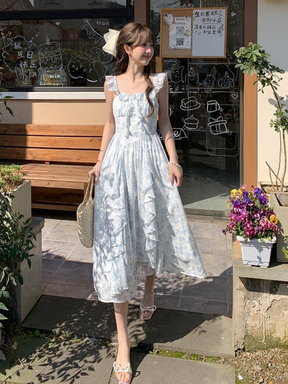 Sleeves Blue Flutter Cascading Ruffle Light Accents Floral Sleeveless Dress