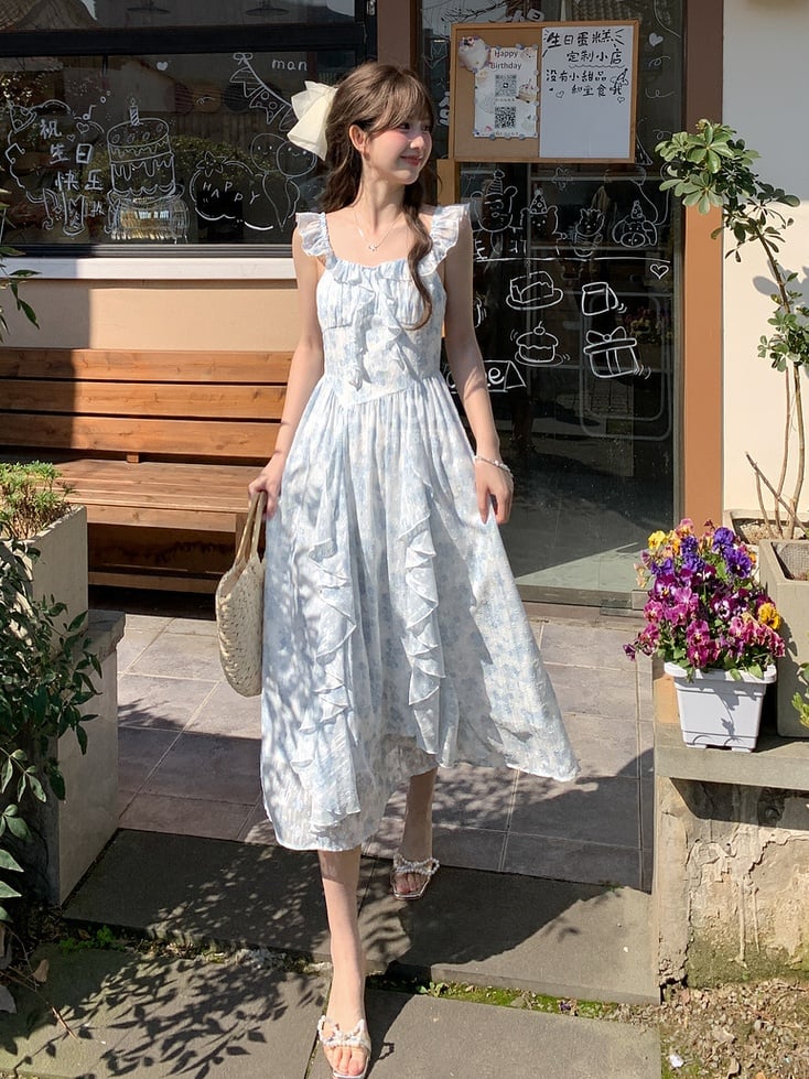 Sleeves Cascading Ruffle Accents Floral Sleeveless Dress Light Blue Flutter