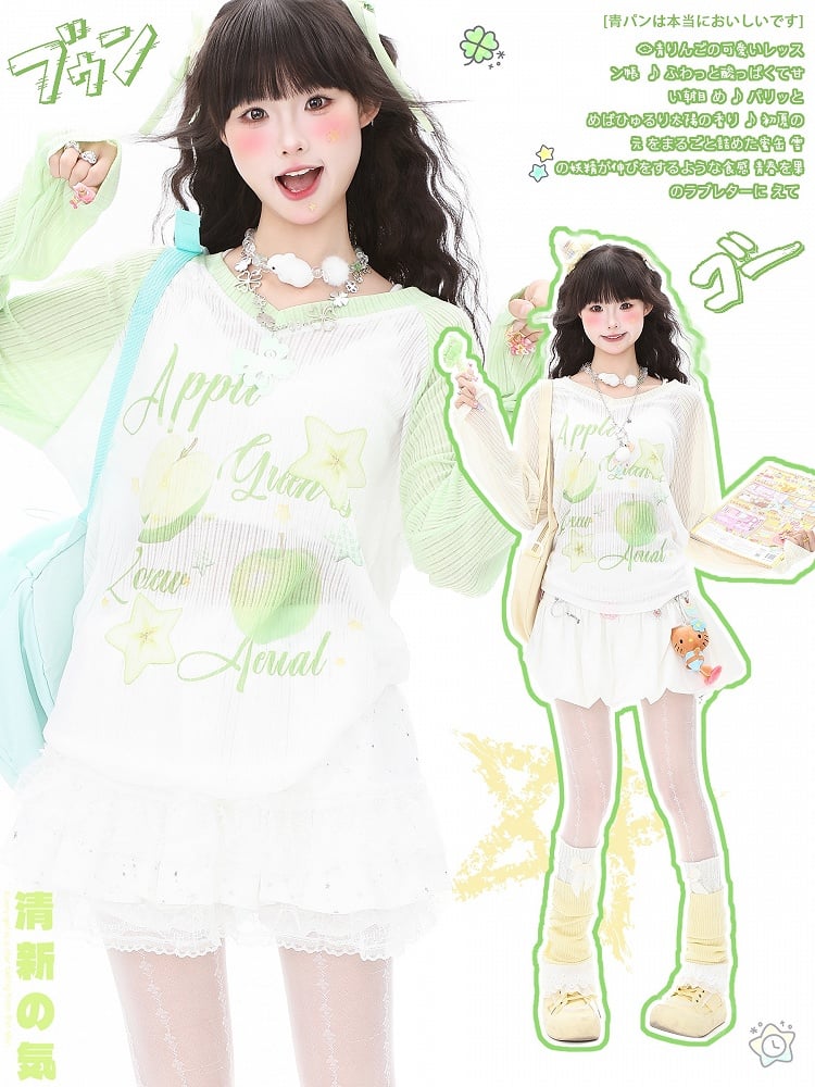 Top Loose-Fit for Apple Fall and - Sleeve Green/Yellow Print Semi-Sheer with Summer Long Breathable