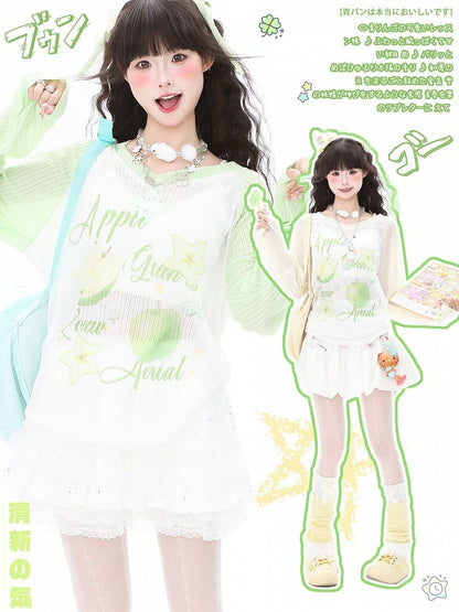 Top Loose-Fit for Apple Fall and - Sleeve Green/Yellow Print Semi-Sheer with Summer Long Breathable