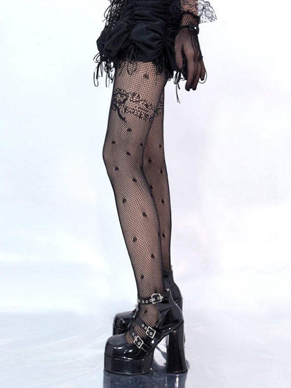 ブラック/ホワイトの蝶結びと水玉模様の網タイツ