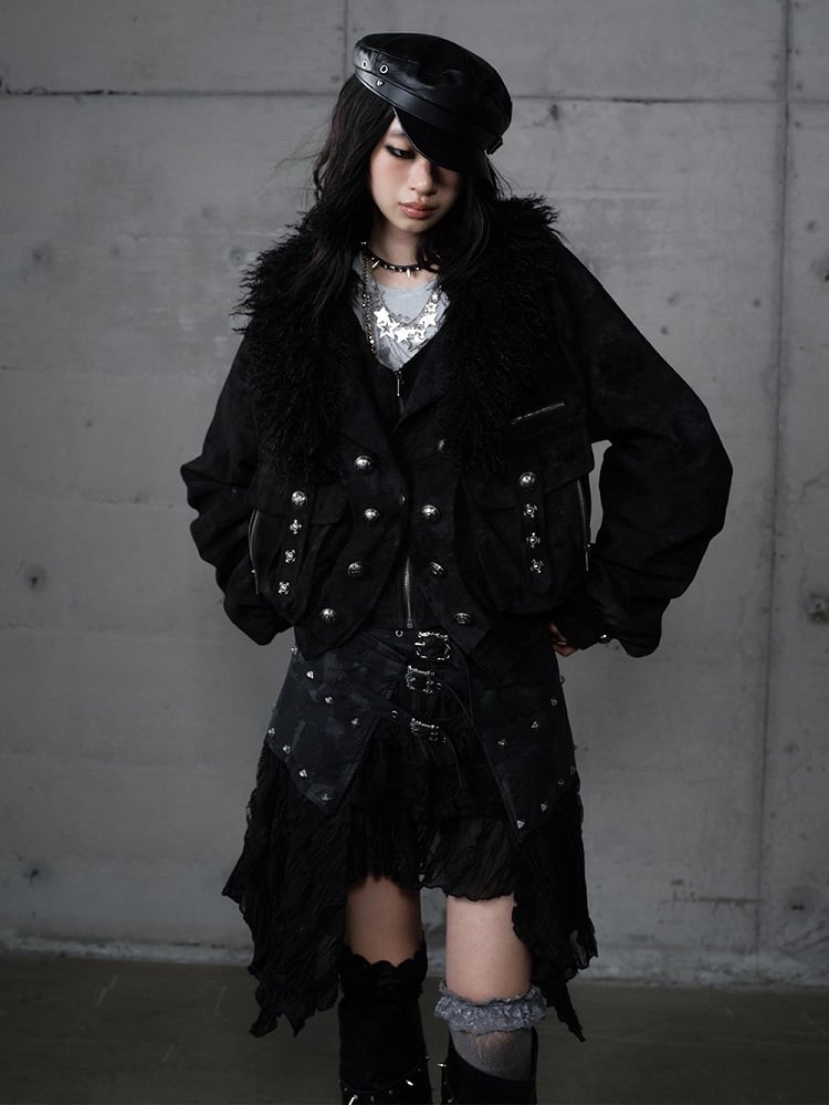 Faux Pockets Studded with Jacket Black Punk Collar Fur Suede Embellishments Detachable 3D