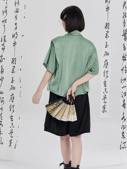 Green Chinese Embroidery Asymmetrical Short-Sleeve Shirt - Qing Tang Original