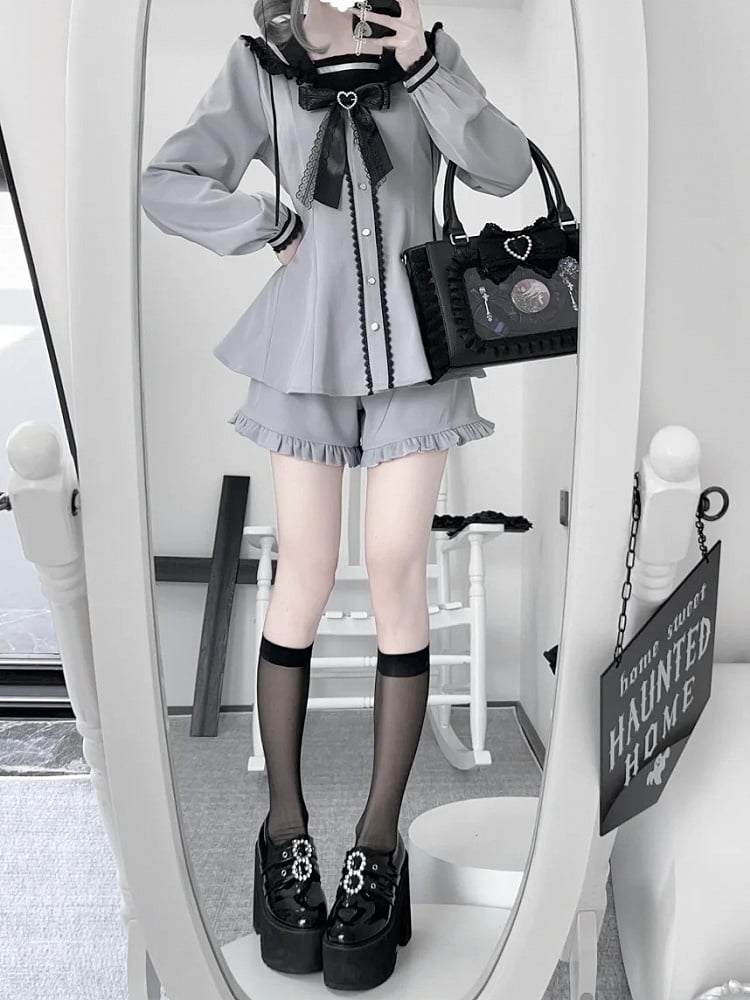 Lilafarbenes Design, Ohren, Krawatte, Jirai-Minikleid + Shorts-Set mit Rüschensaum + Schleife, Dusty Kei, Seemannskragen, Hase