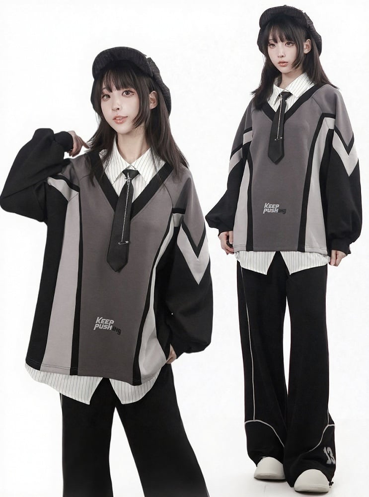 Kawaii Grey Faux Two-Piece Collar Long Sleeve Sweatshirt - PINK SAVIOR