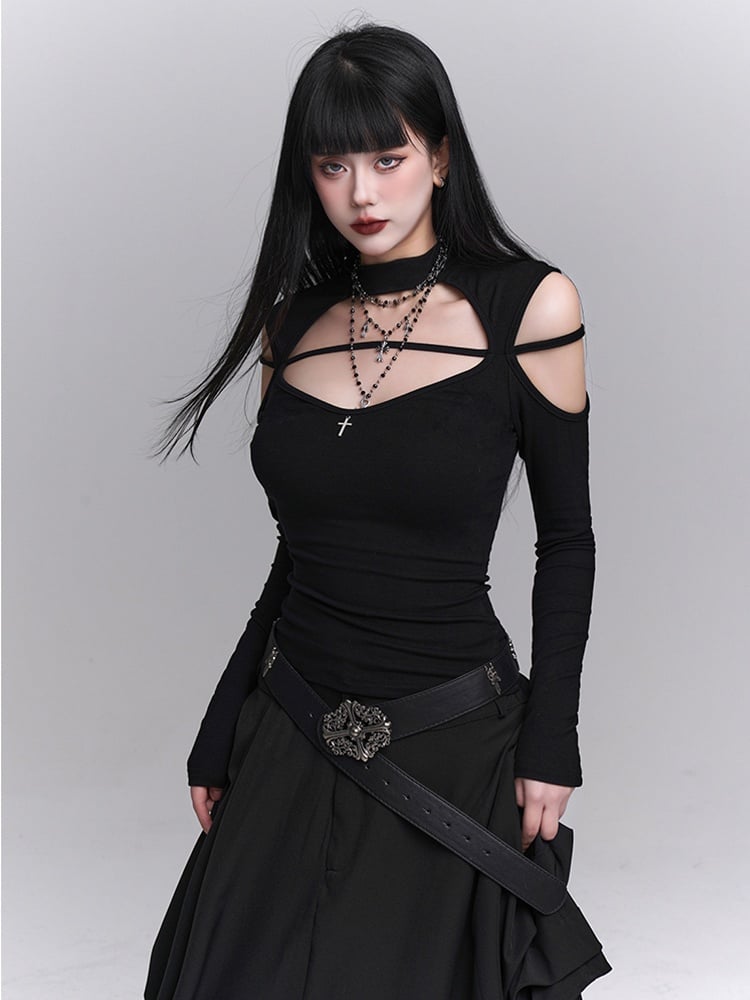 ブラック クルーネック カットアウト ショルダー クロス エンベリッシュド トップス