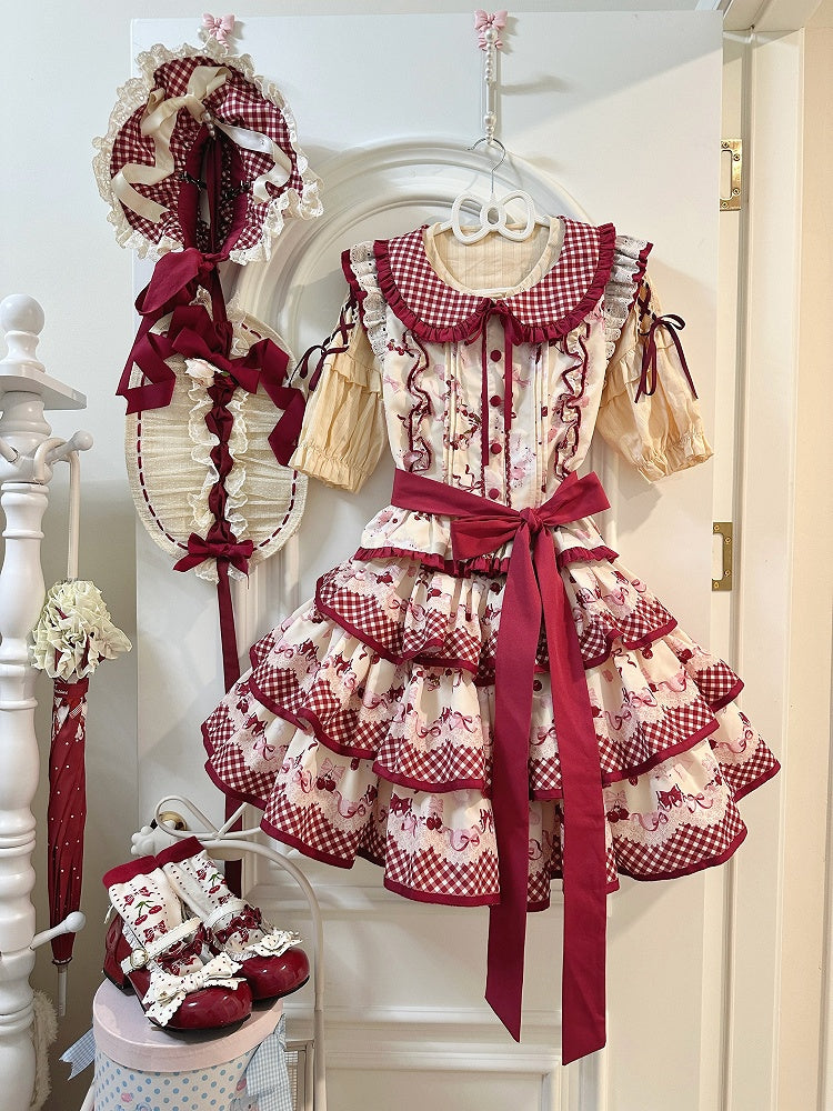 レッドギンガムチェックのピーターパンカラートップスとチェリー柄のティアードスカートセット