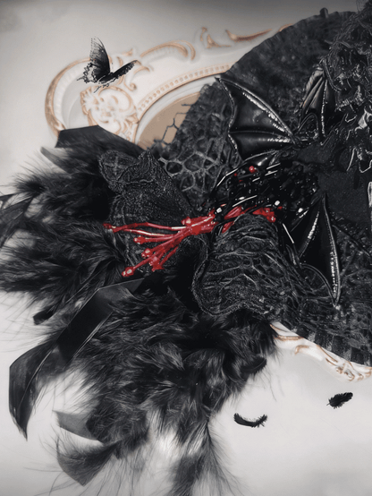 and White Gothic Decor Dragon Mini Feather / Bone Black Hat with Lolita