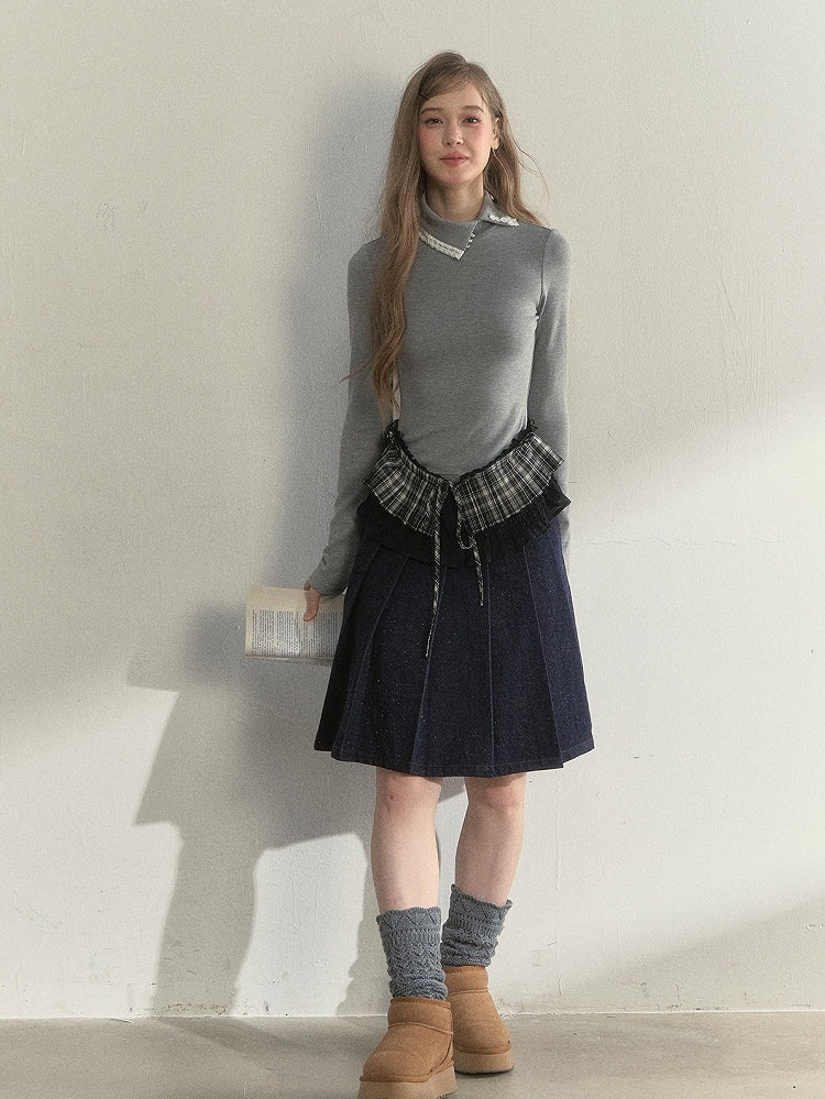 Ruffled and with Asymmetrical Design Long Gray T-Shirt Vintage Sleeve Collar