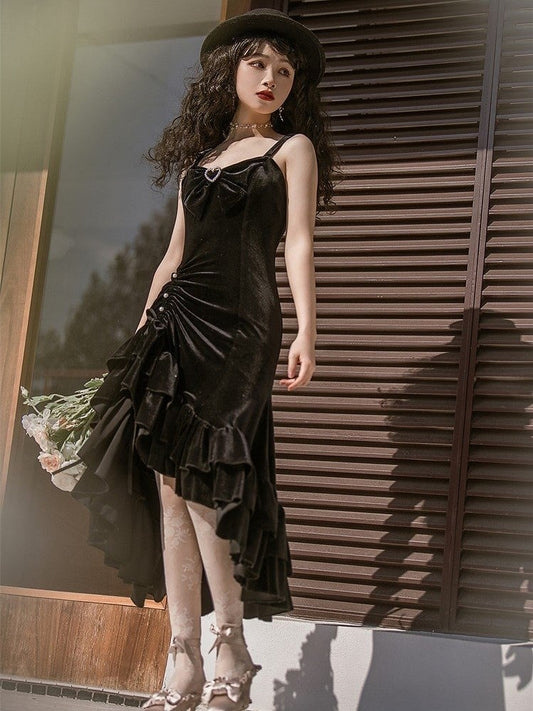 with Classic Accents Elegant Mermaid Black Bead Lolita Dress Button