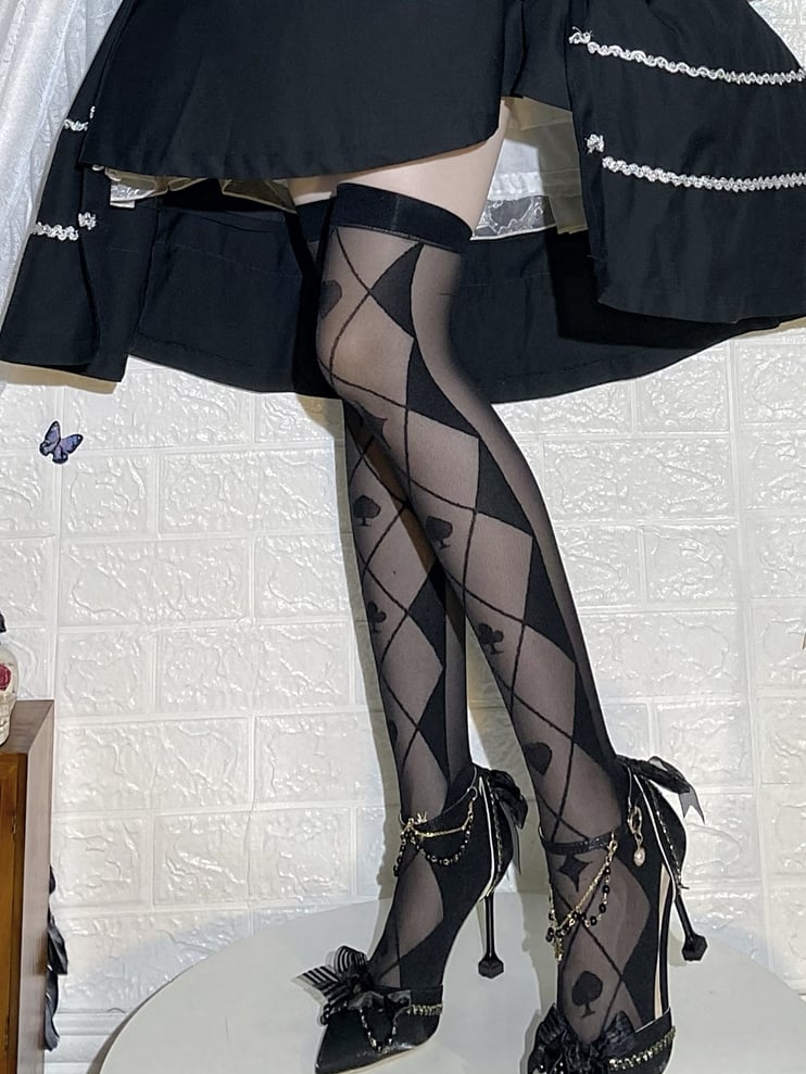 Black/White Diamondand Poker Pattern Alice in Wonderland Vibes Over Knee Stockings