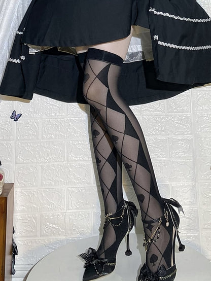Black/White Diamondand Poker Pattern Alice in Wonderland Vibes Over Knee Stockings