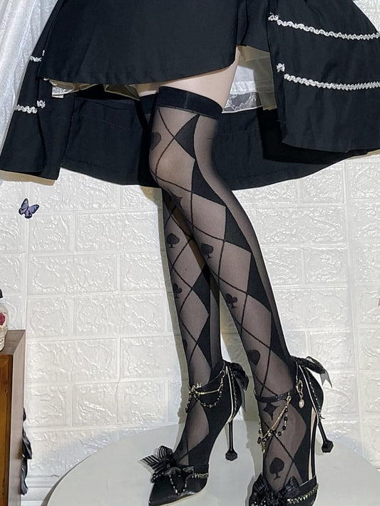 Black/White Diamondand Poker Pattern Alice in Wonderland Vibes Over Knee Stockings