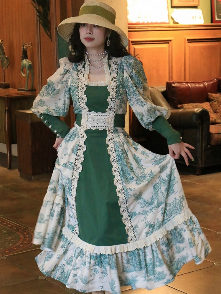 ダークグリーンのヴィンテージフローラルレーストリムスクエアネックラインレッグオブマトンスリーブドレス