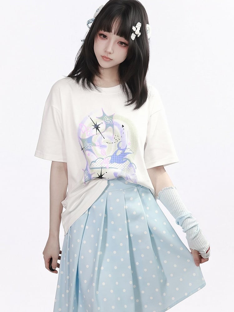 White Round Neck Short Sleeve T-Shirt with Nebula Print - PINK SAVIOR