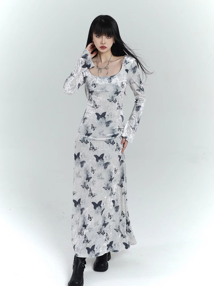 White Velvet Butterfly Print Slim-fitting Dress