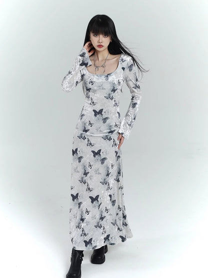 White Velvet Butterfly Print Slim-fitting Dress
