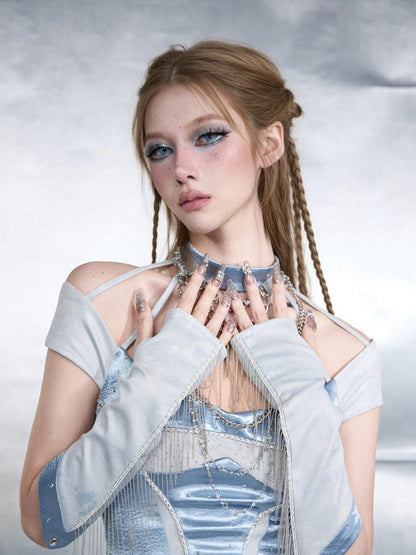 Blue Rhinestone Wrist Cuffs with Tassel Details - Virtual Orbit