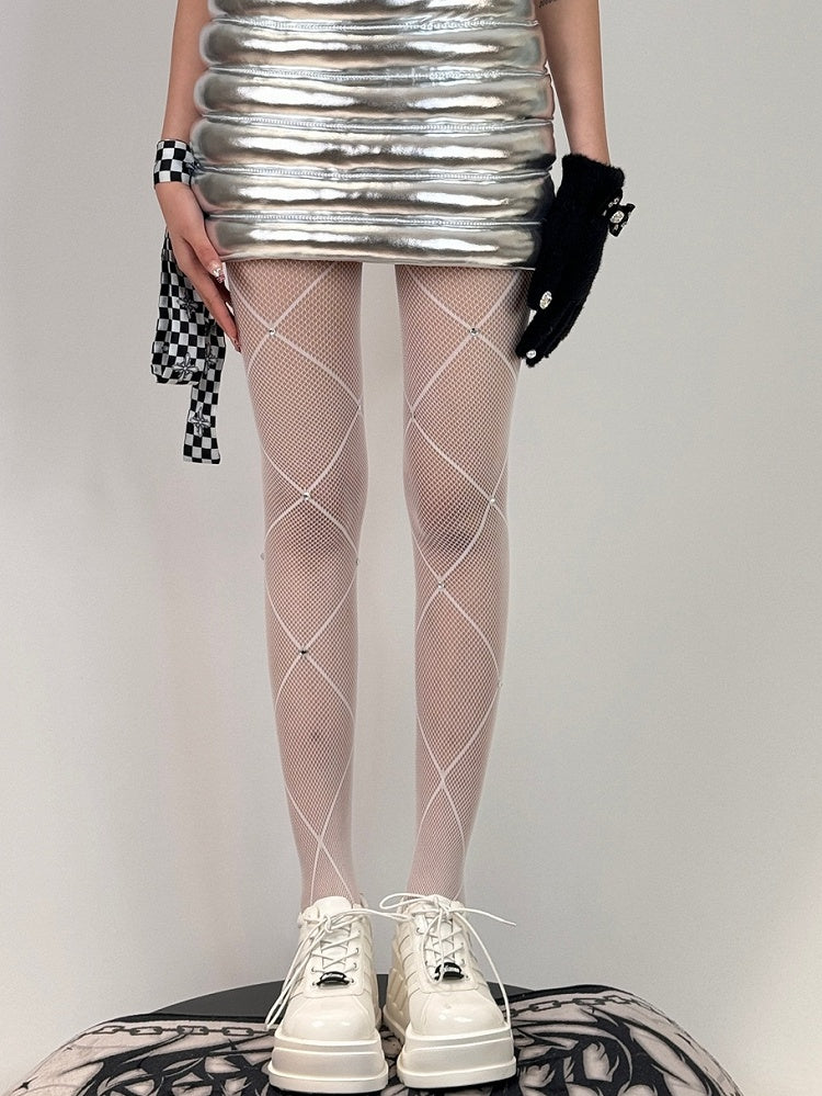 Crisscorss Banded Rhinestone Decorated Black/White/Red Tights