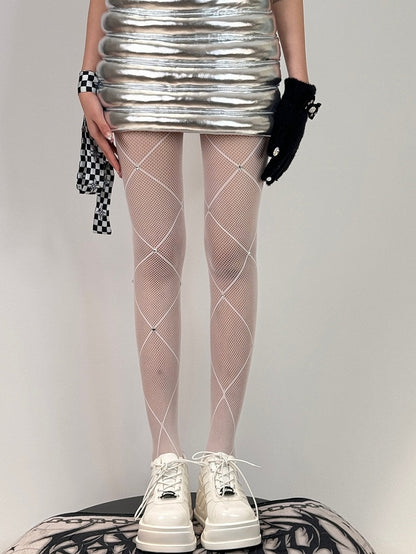 Crisscorss Banded Rhinestone Decorated Black/White/Red Tights