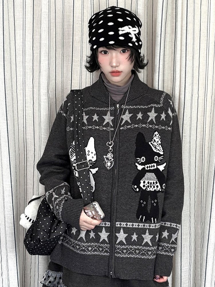 Two-way Cardigan Zip Kawaii Placket Grey with Daily