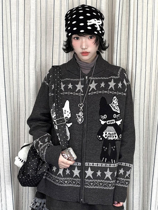 Two-way Cardigan Zip Kawaii Placket Grey with Daily