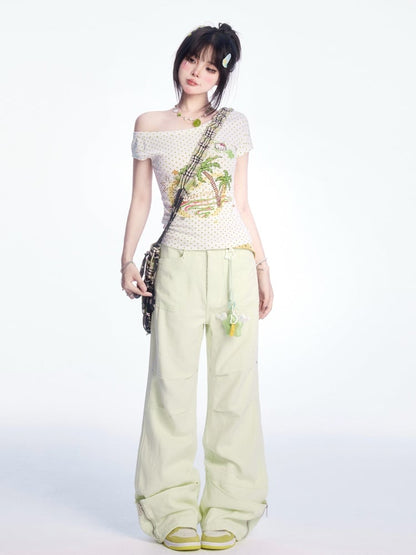 パンツ ライトグリーン ローウエスト ジップカフス ワイドレッグ カーゴ