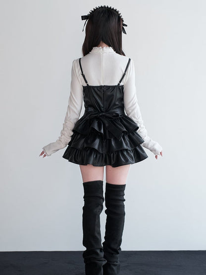 Dress Ruffled Kei Leather Multi-Layer Jirai Suspender Black
