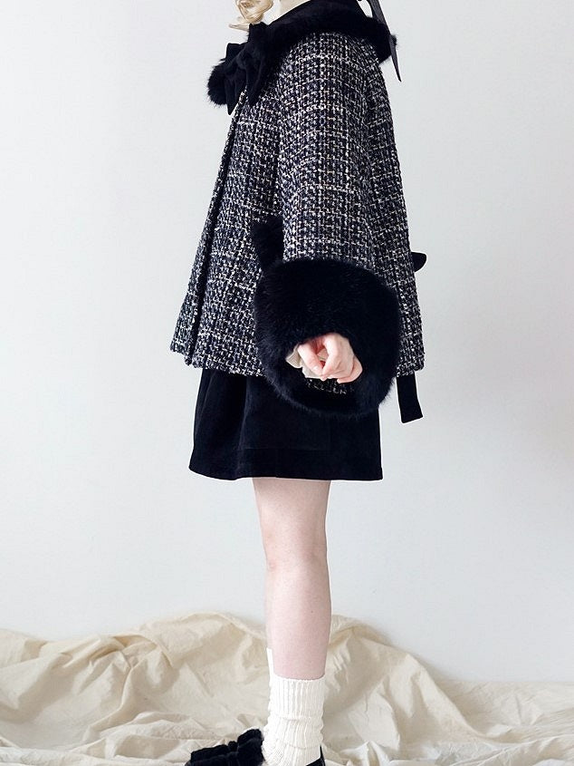 Fur Cropped Plush Black Tweed White Faux with Lolita Cuffs Coat