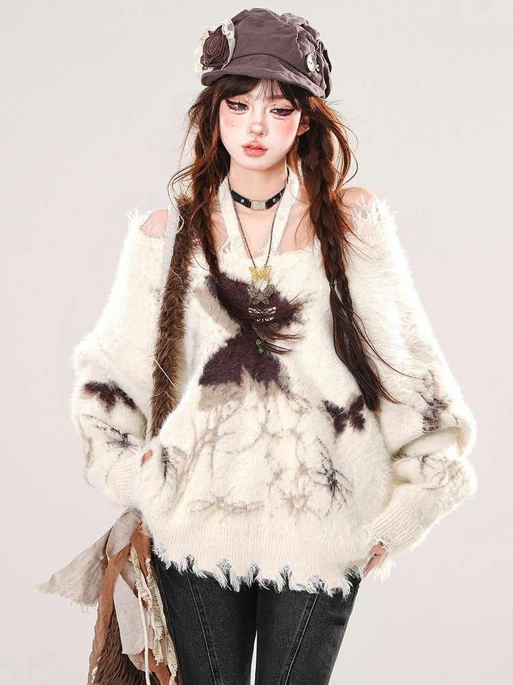 アプリコット/ブラック バタフライ ホルターネック モヘア ルーズセーター