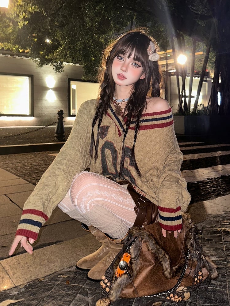 Orange Number Sweater Pattern and V-neck Letter Kawaii