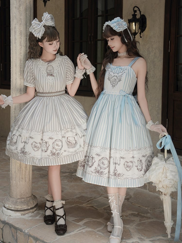 Antique Porcelain Print and Embroidery Classic Lolita JSK Dress with Blue and Gray Striped Pattern - Birds Diary