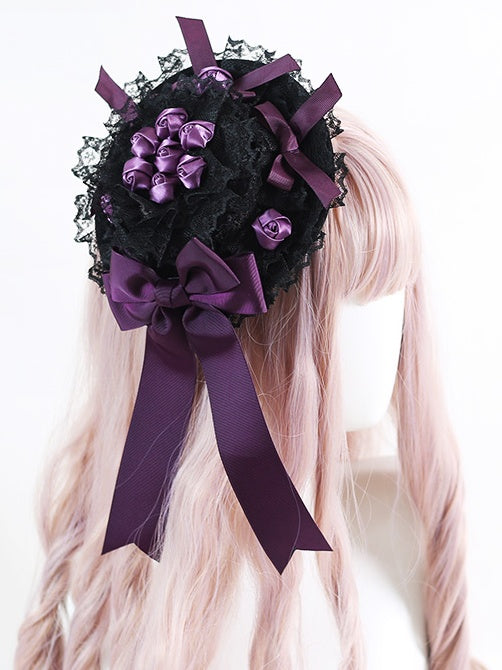 Lila und Spitze Bowknot Rose Wunderschöne Gothic Mini Lolita Schwarz Hut