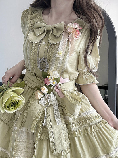 Green Layered Ruffles Elegant Lolita Dress Front Button Placket - Miss Point