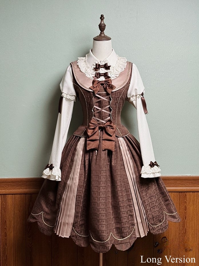 Scoop Scalloped with Dress Chocolate Lolita Edge Sweet Hem Neckline Brown