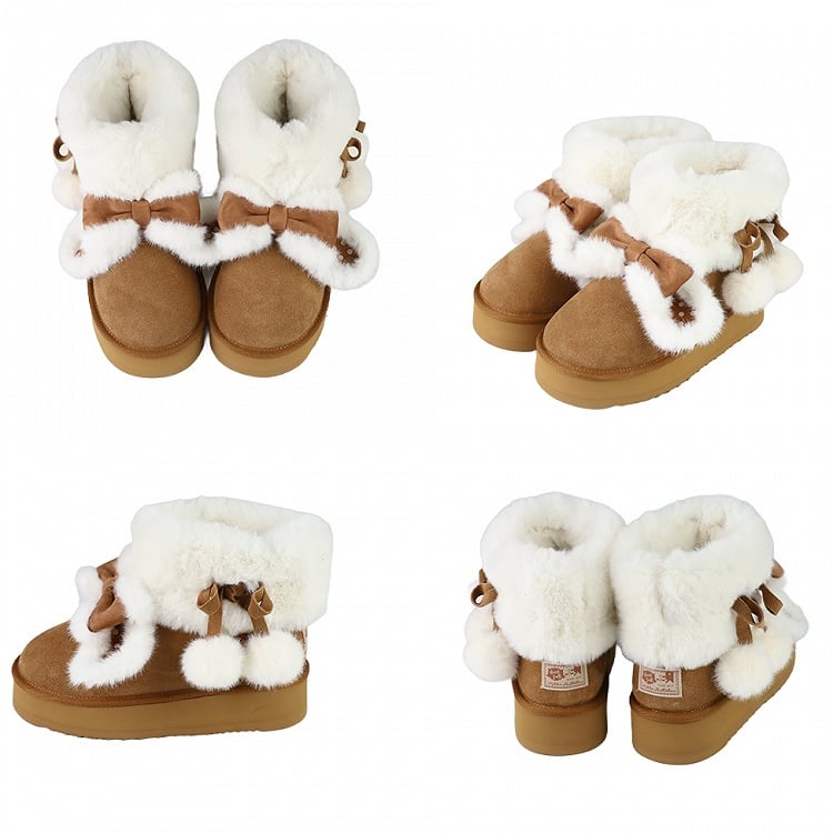 Bunny Pompom Light with for Adjustable Dot Boots Brown Ties Plush - Winter Accents Sweet Lolita