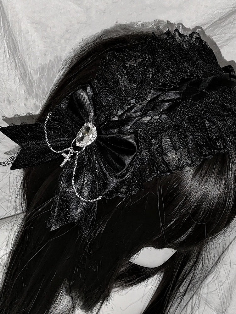 Black Bow Lace Hairband Cross Rhinestone