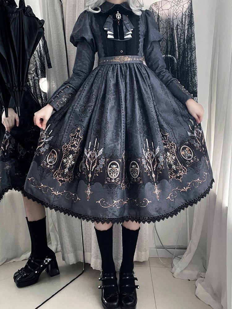Lolita with Bat Juliette Wings Candelabras Sleeves Print Gray Dress Gothic