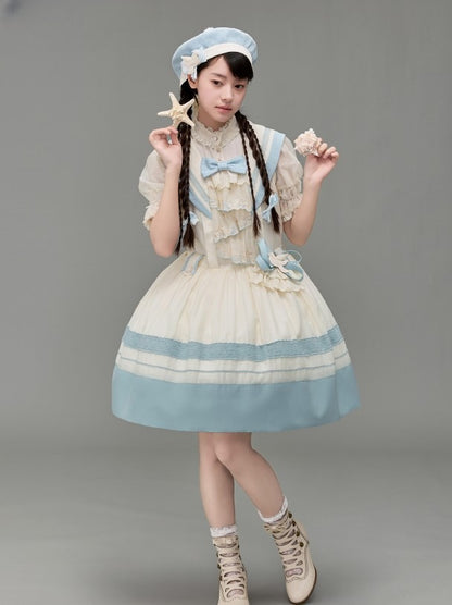 Accent Light White Sailor Bow Collar and Milk Lace Trims Lolita with Blue Dress