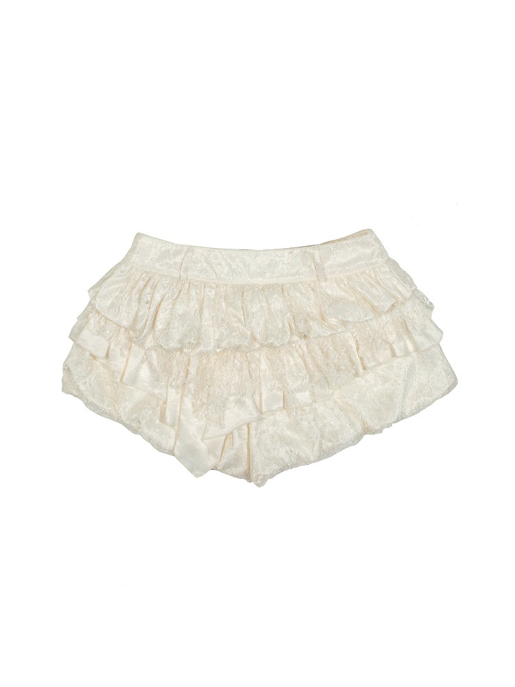 Skirt Apricot Satin Lace with Gothic Embroidered Hem Floral Handkerchief Bubble Tiered Low-Waist