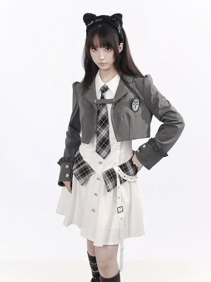 Preppy Style Grey Striped Puff Sleeve Cropped Blazer Jacket - PINK SAVIOR