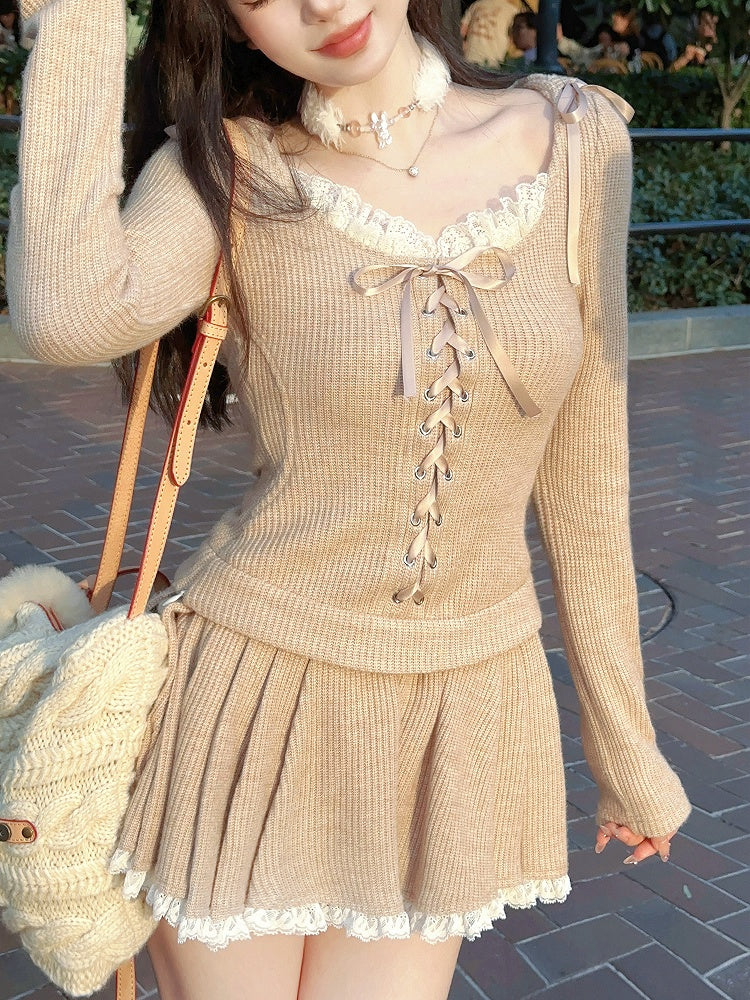 Bow Knit With Adjustable Milk Front Lace-Up Hoodie Tea Accents